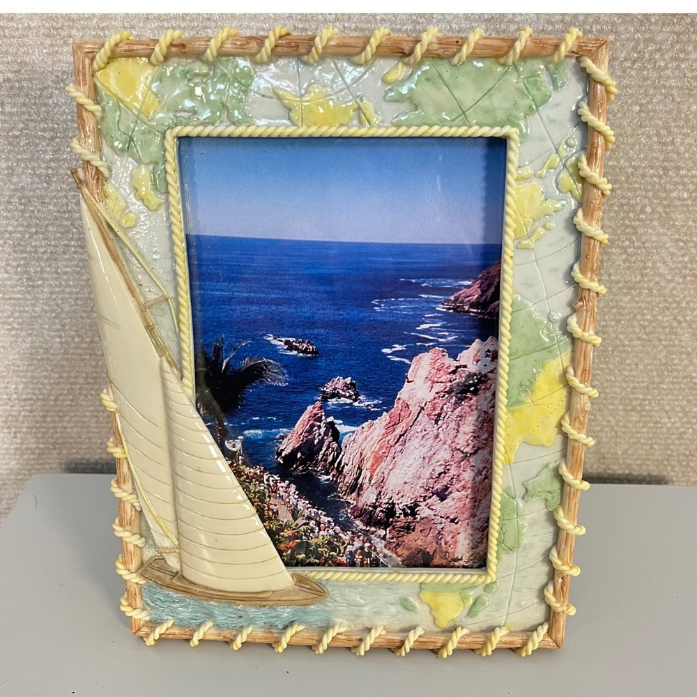 Vintage Sail Around The World Resin World Map Boat‎ 5X7 Picture  Frame